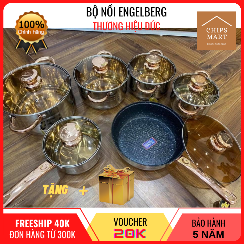 Bộ nồi đức 6 món thương hiệu engelberg - đáy 5 lớp, dày dặn, sang trọng - đặc biệt phù hợp với bếp từ - và dùng được cho mọi loại bếp