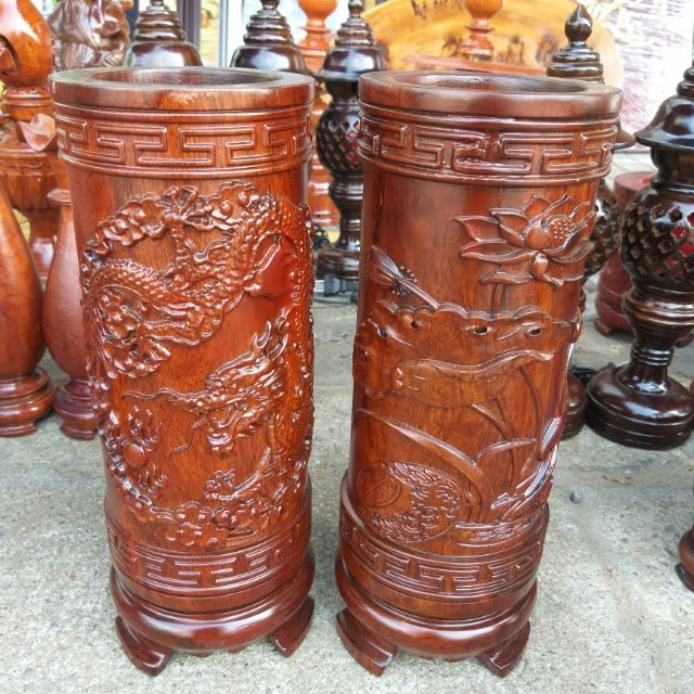 Ống đựng nhang trạm gỗ lim hoa sen - trạm rồng cao 30cm