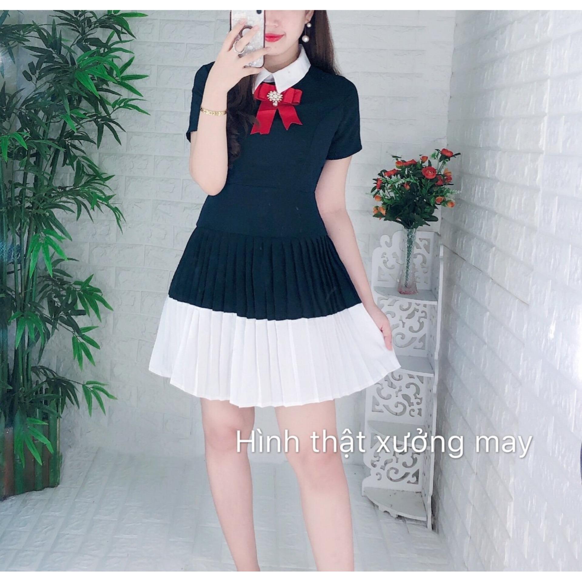 Đầm tiểu thư dáng xòe đính nơ dập ly một màu