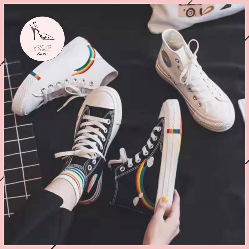 Giầy Thể Thao Cao Cổ Viền Cầu Vồng Thêu Siêu Hót