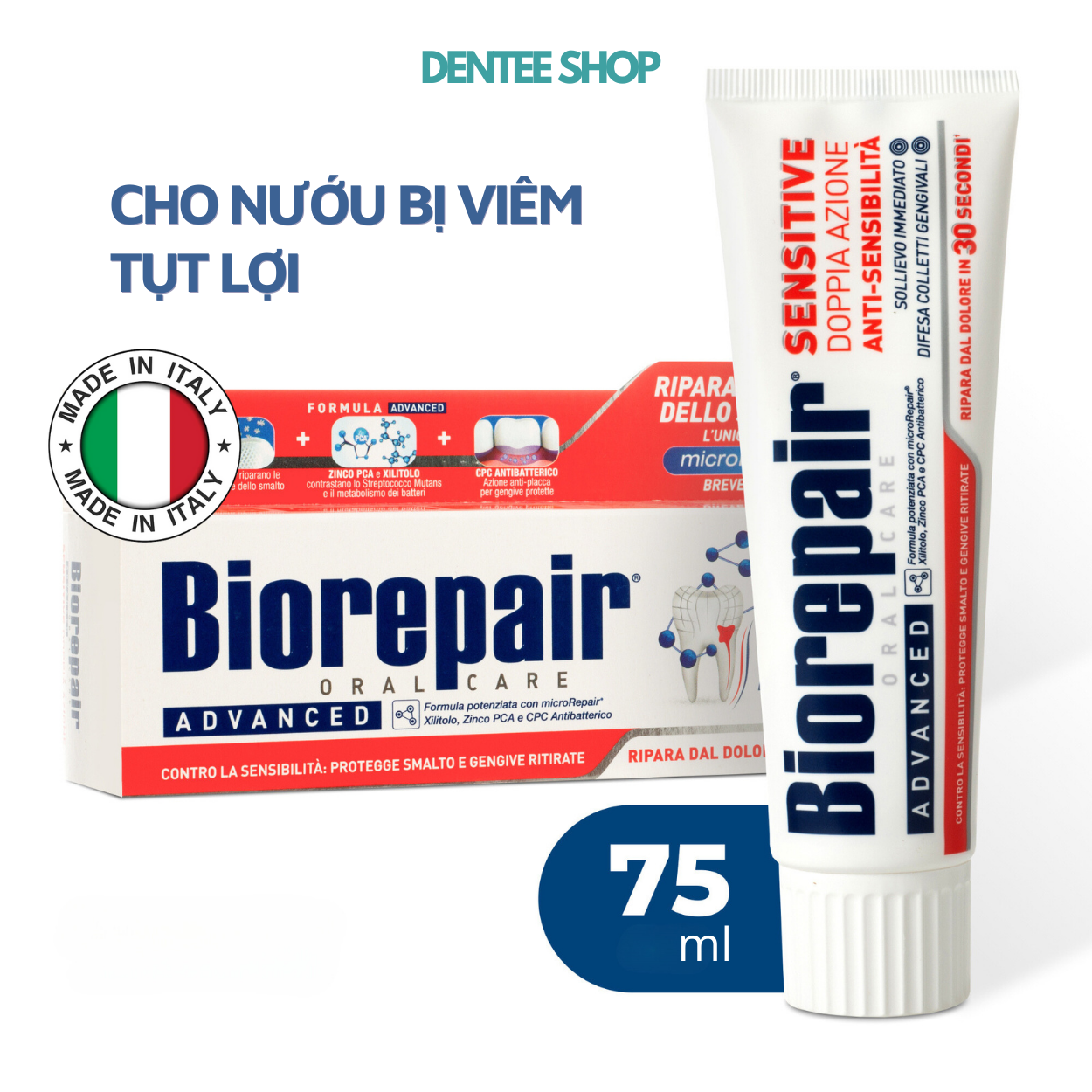 Kem đánh răng Biorepair Sensitive Advanced, răng nhạy cảm, mòn cổ răng, tụt lợi, không chứa fluor