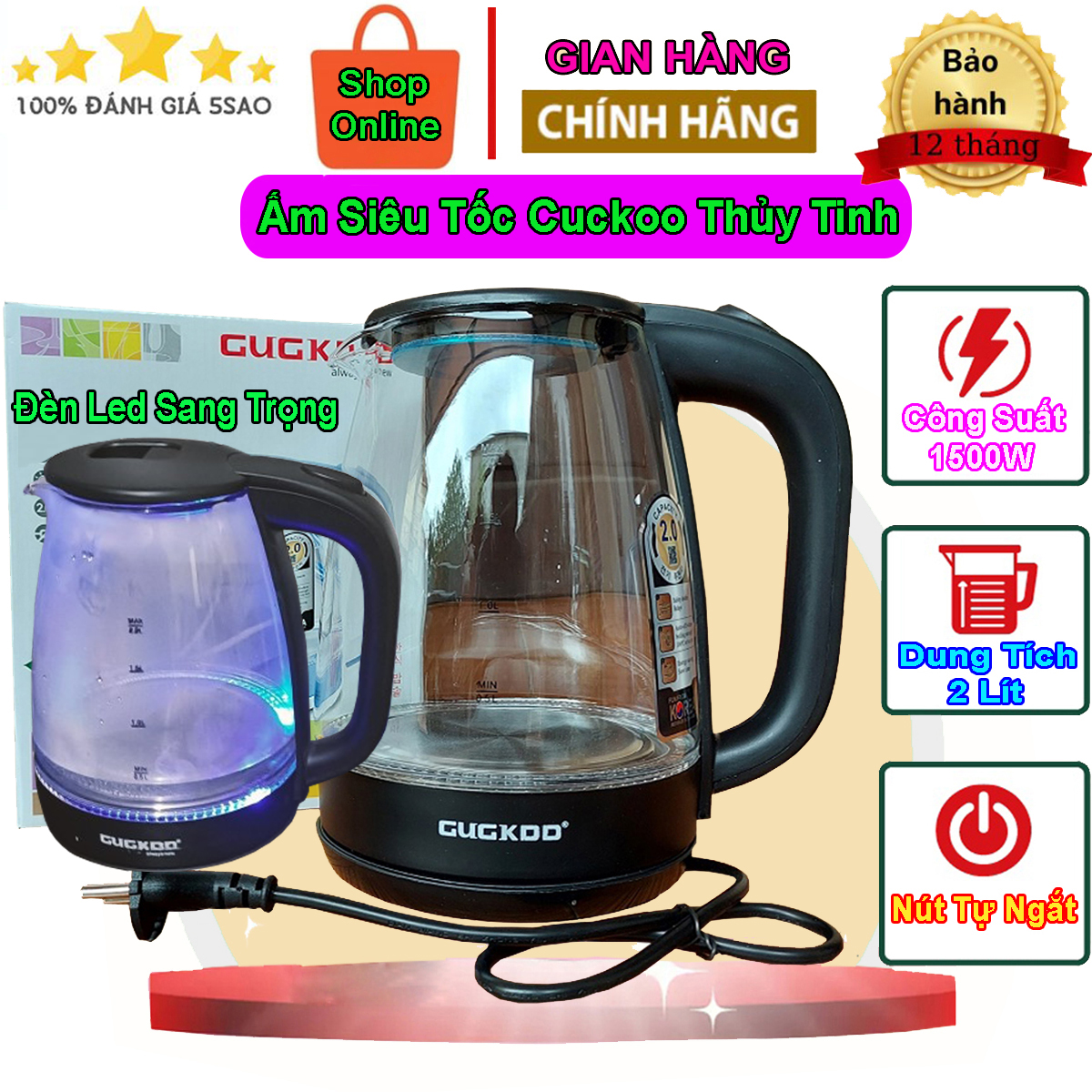 Ấm siêu tốc thủy tinh cuckoo 2.0l có đèn led, bình đun nước siêu tốc, công suất 1500w, đun sôi cực nhanh, công nghệ inverter tiết kiệm điện năng, ấm đun nước siêu tốc, ấm siêu tốc cao cấp, ấm đun nước siêu tốc mini