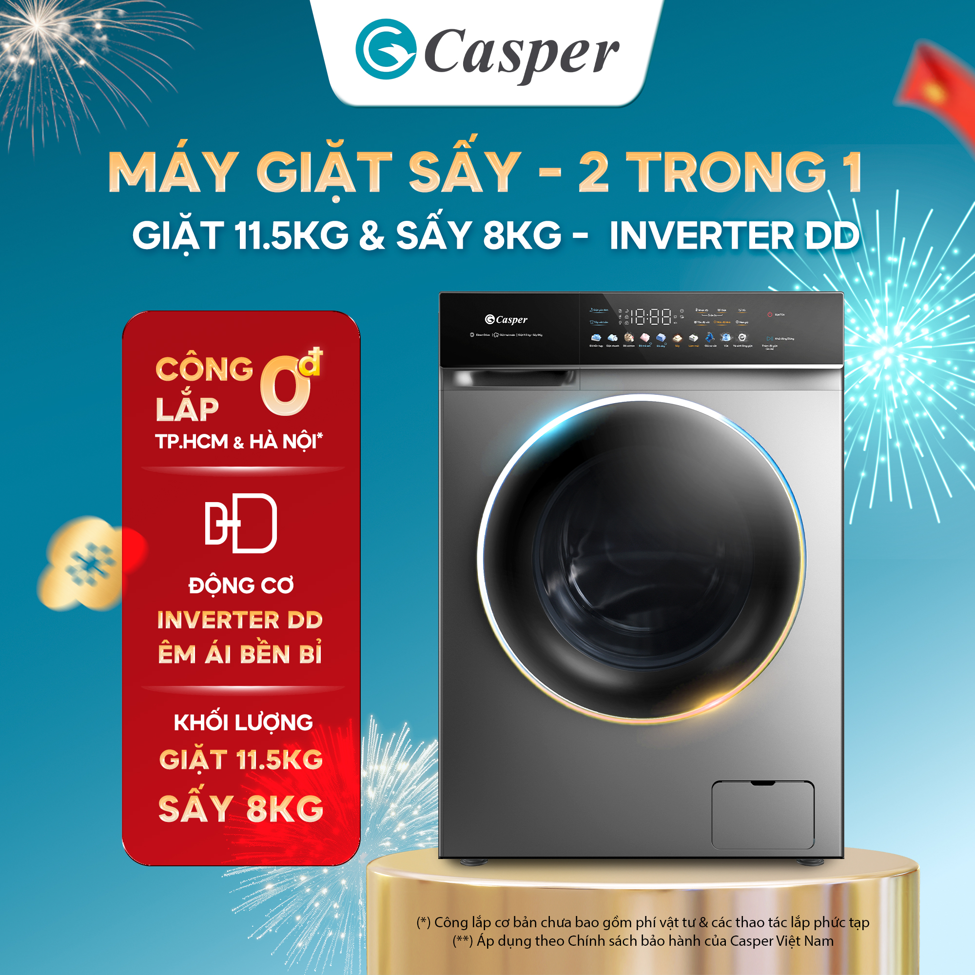 [Installation 0Vnd Hcm/ Hn] Casper Prime Wash & Dry Washing Machine, Washing 11.5kg, Drying 8kg - Wf-P115Vgt11 - Genuine