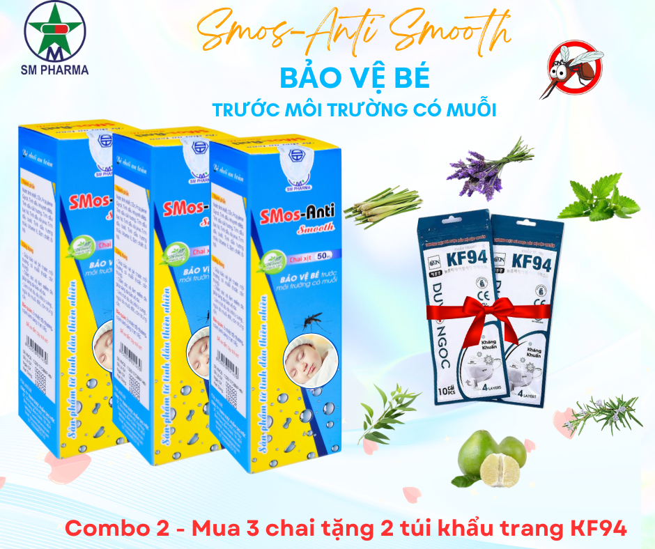 COMBO 5 MÓN - 3 CHAI XỊT CHỐNG MUỖI TINH DẦU CHO BÉ SMOS ANTI TẶNG 2 TÚI KHẨU TRANG HÀN QUỐC KF94
