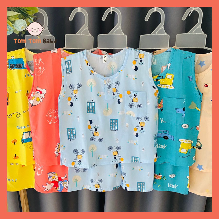[HCM]Bộ đồ Tôn, Lanh bé Trai - Mẫu áo sát nách, quần đùi cổ trụ - Size 1-14 cho bé 5-45kg