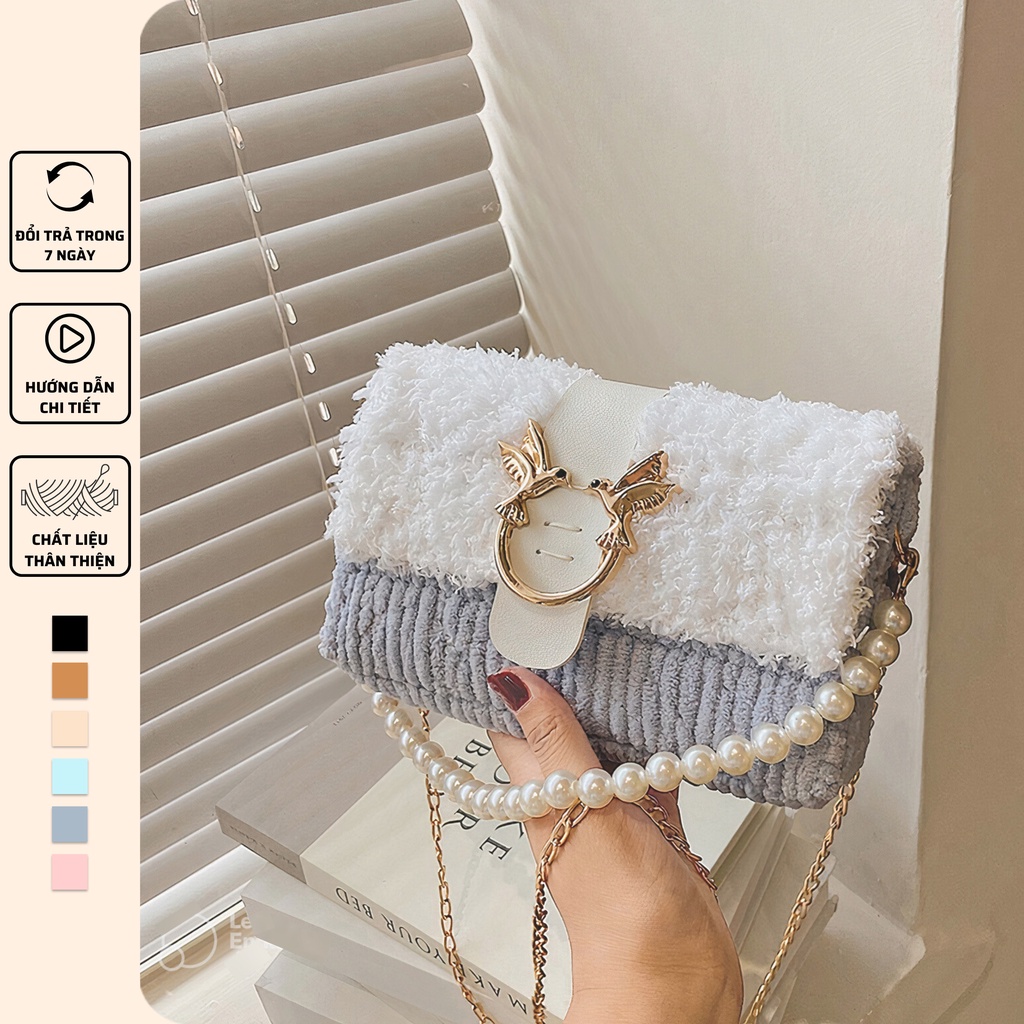 Túi handmade tự đan len xù, túi len đeo chéo chim uyên ương phong cách Hàn Quốc - Bộ phụ kiện đầy đủ LX804