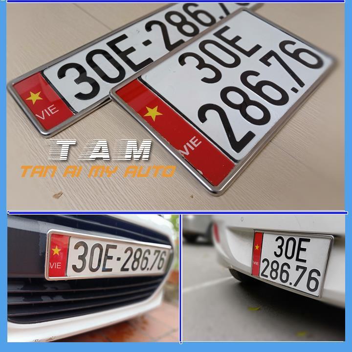Combo 2 khung biển số ô tô có viền inox, kèm logo mica ( Tự lắp tại nhà) Khung biển số inox ô tô.dùng cho xe đăng ký từ t8/2020 trở về trước