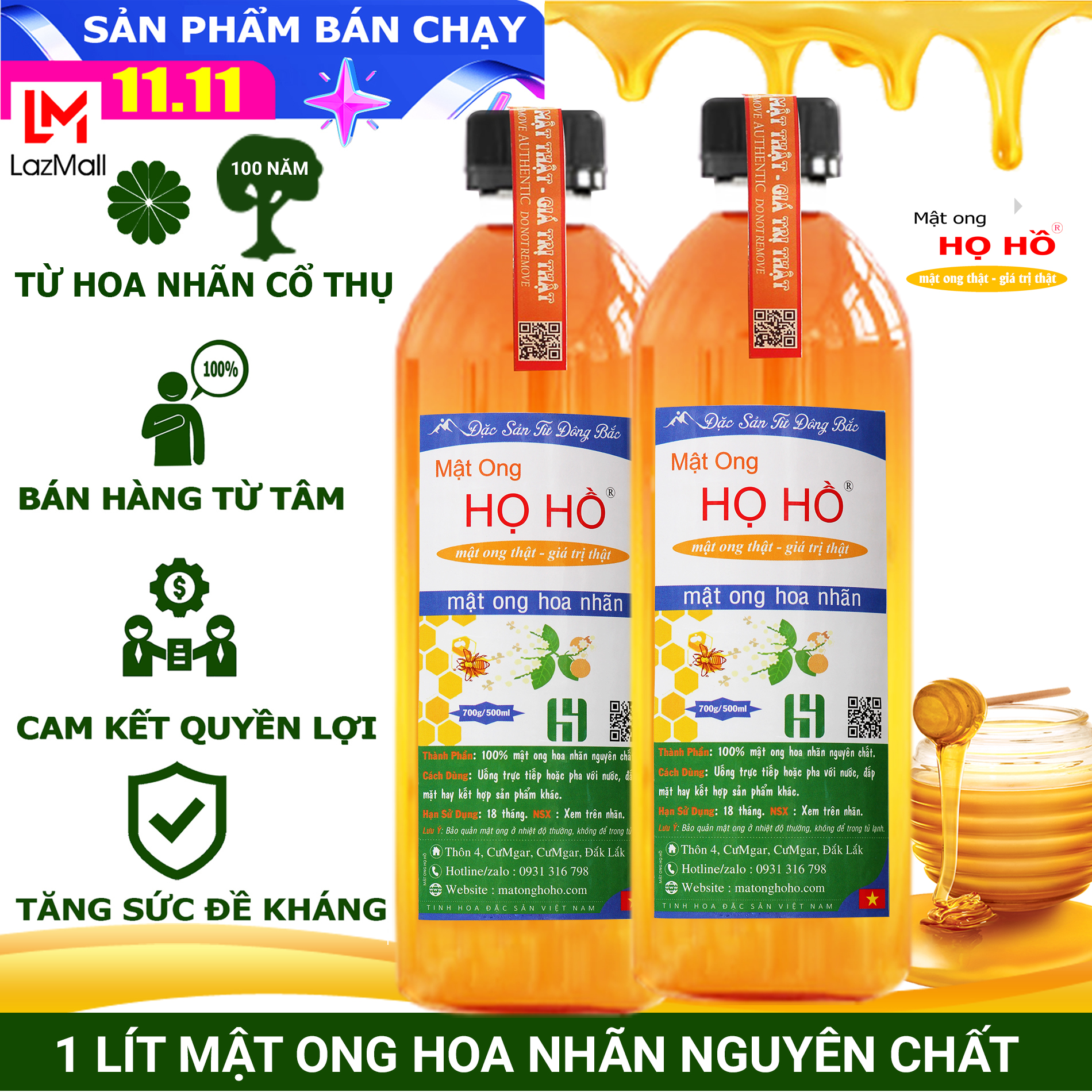 [trợ giá sinh nhật] 1 Lít mật ong hoa nhãn đặc sản Hưng Yên nguyên chất tương đương 1400g, đặc sản từ hoa nhãn cổ thụ 100 năm tuổi - nguyên chất đảm bảo Mật ong hoa nhãn Họ Hồ - mat ong new