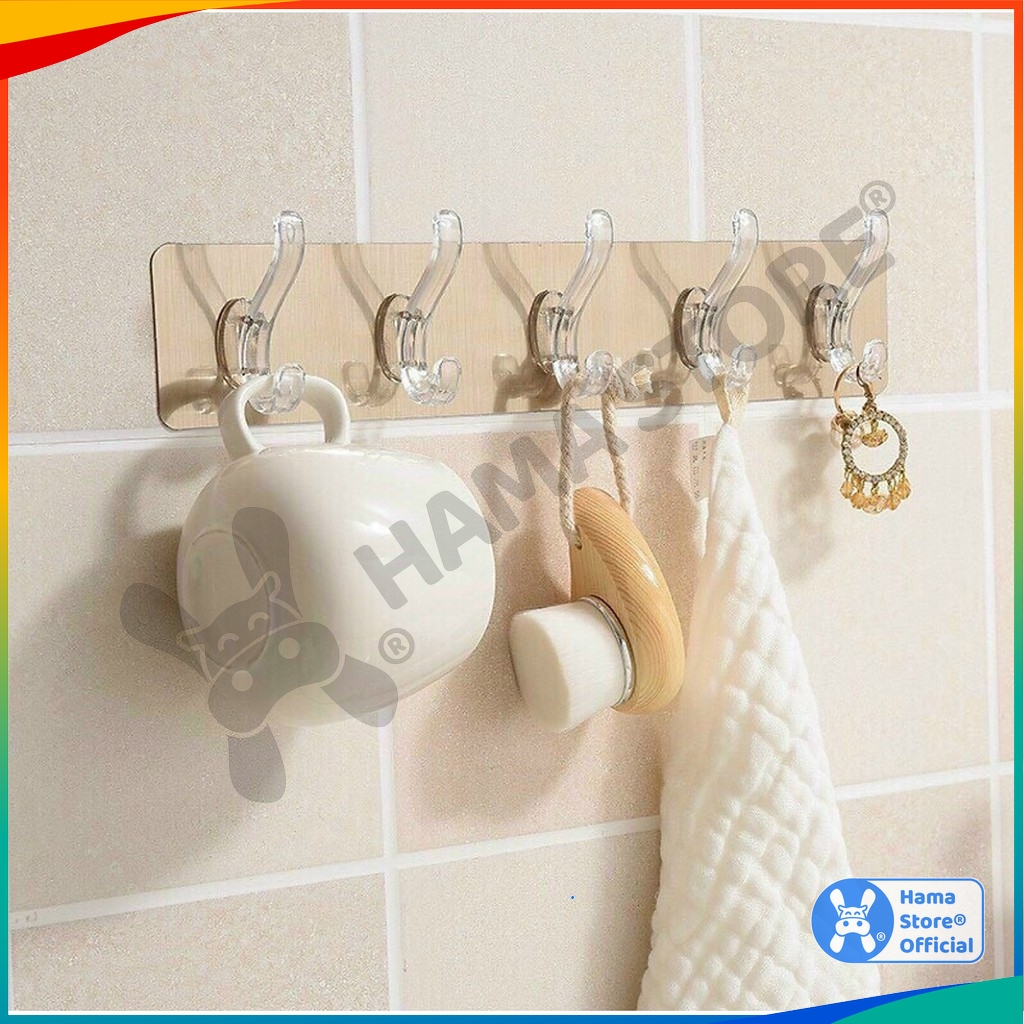 Thanh treo bộ 6 móc dán tường trong suốt siêu dính, siêu chịu lực HAMA. Thanh treo móc dán tường tự dính chống thấm nước HAMA | GD_MT_005