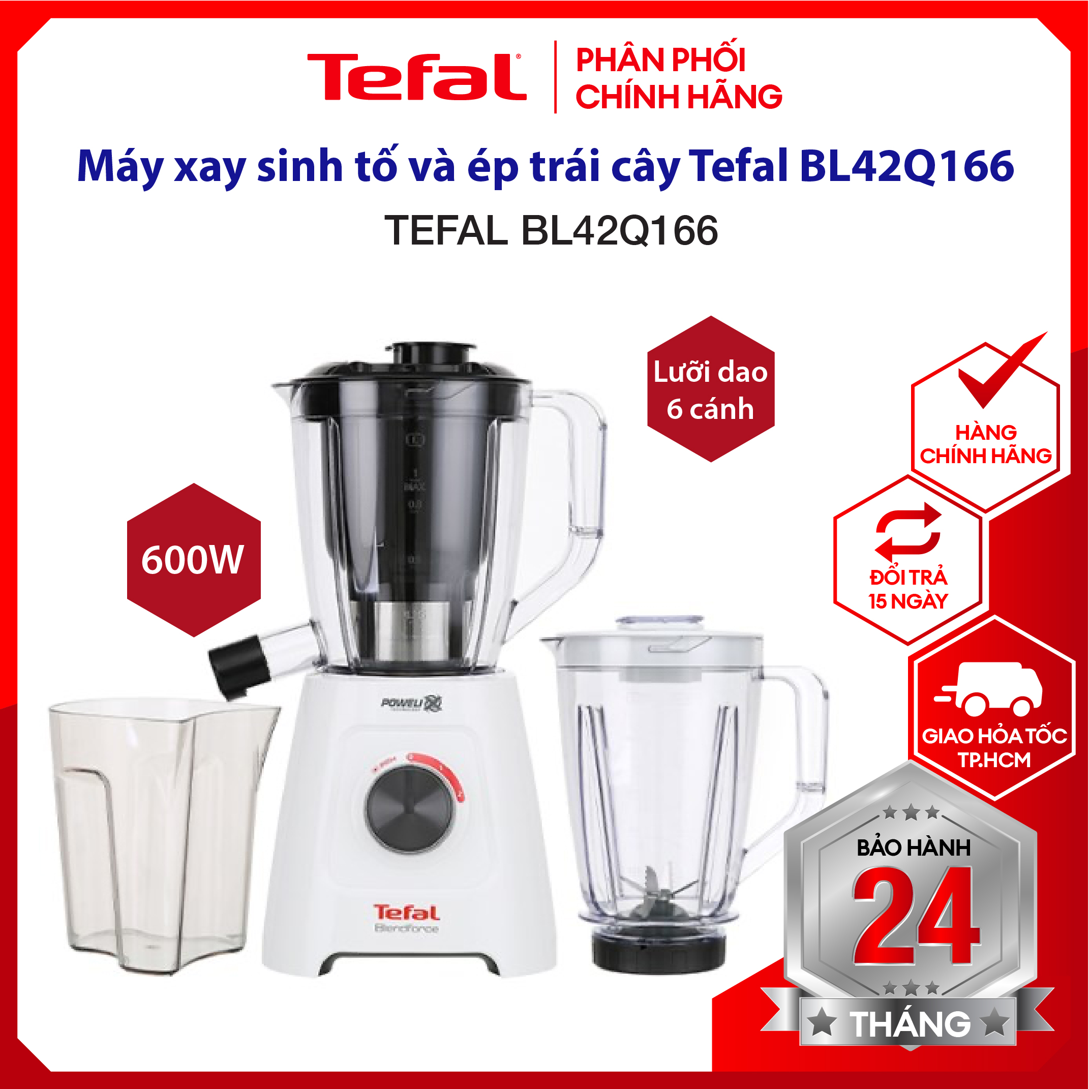 |HỎA TỐC 2H| Máy xay sinh tố, máy ép Tefal BL42Q166 - dung tích 1.25L và 0.8L, công suất 600w, 2 cối, ép và xay 2 trong 1, bảo hành 2 năm