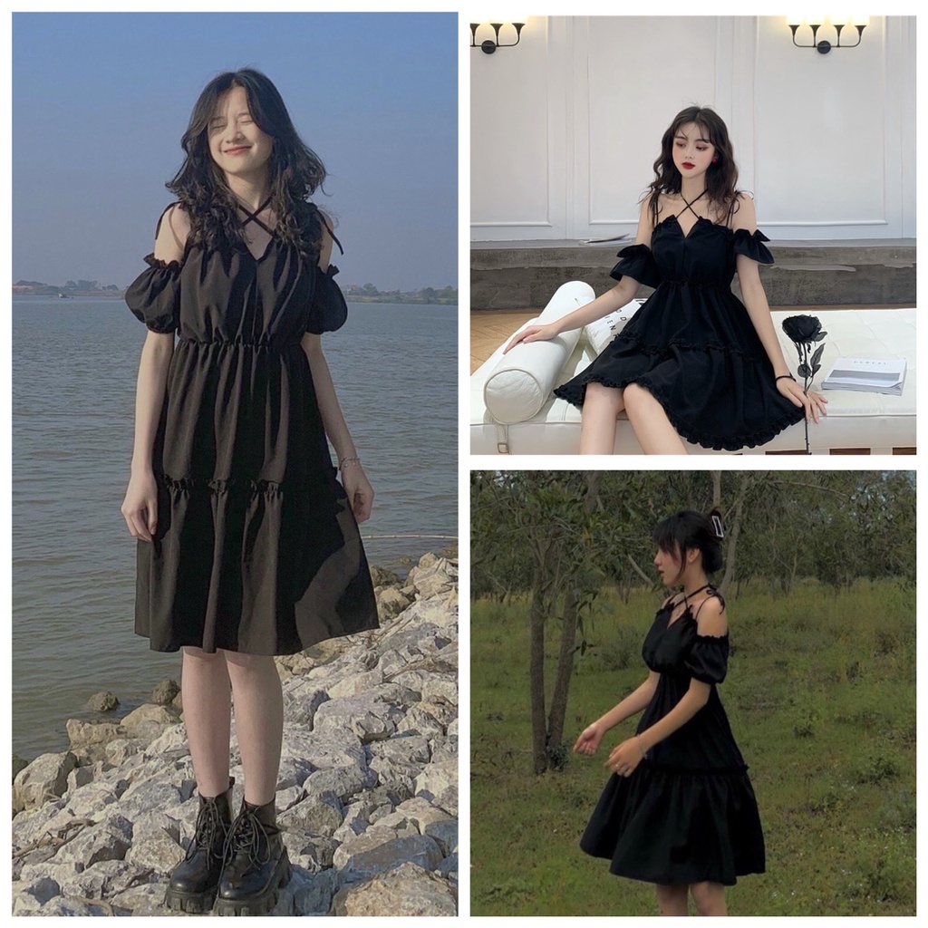 Váy bèo black angel buộc dây vai cổ màu đen, đầm nữ bánh bèo