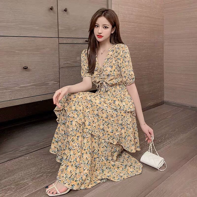 Đầm voan hoa qua gối phối tầng bèo kèm rút giữa siêu xinh TTSA0845
