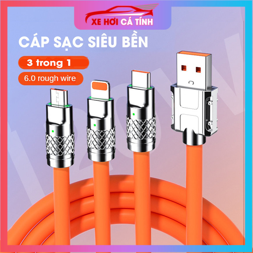 Dây cáp sạc nhanh 3 đầu 120w hỗ trợ sạc nhanh 3 trong 1, chất liệu silicon và hợp kim kẽm siều bền
