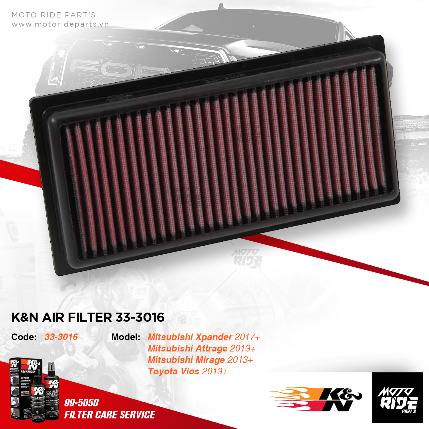 K&n 33-3016 lọc gió mitsubishi xpander / mitsubishi attrage / mitsubishi mirage / toyota vios