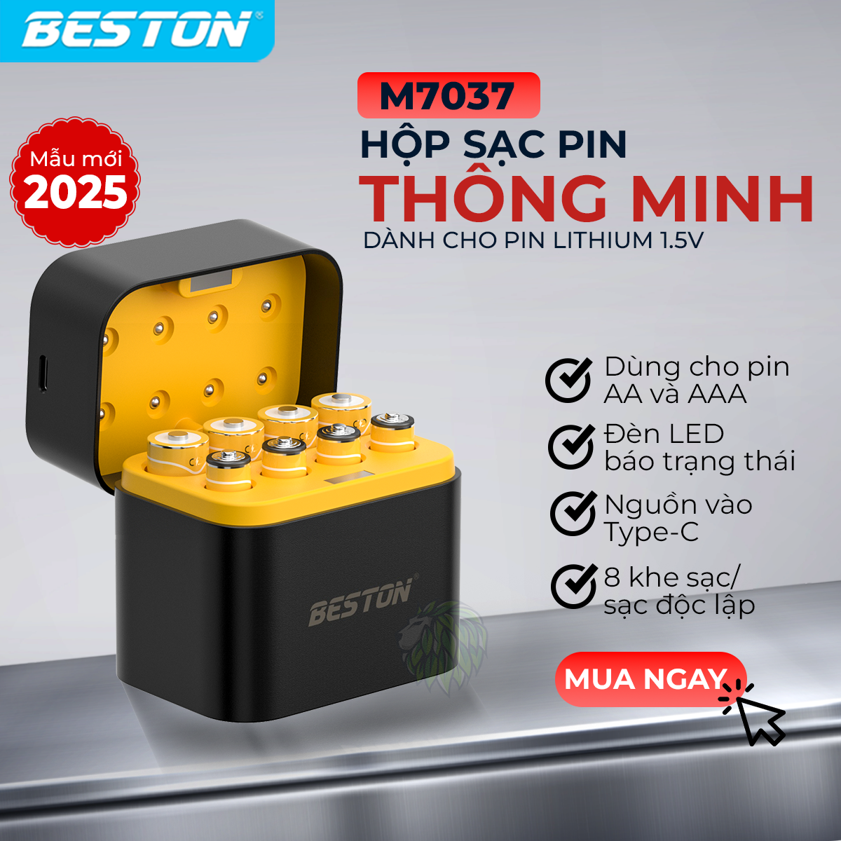 Sạc pin Beston AA AAA M7037 1.5V dùng cho pin 2A 3A sạc cùng lúc 8 viên, cổng sạc type-C, sạc nhanh tự ngắt thông minh