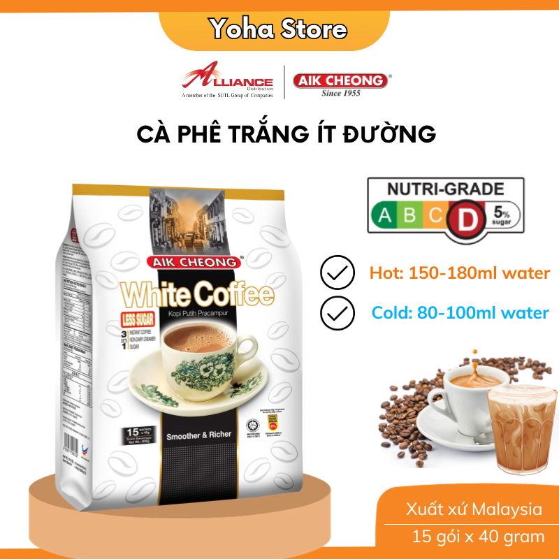 Cà phê ít đường Aik Cheong White Coffee Less Sugar 1 túi gồm 15 gói x 40g Nhập khẩu từ Malaysia