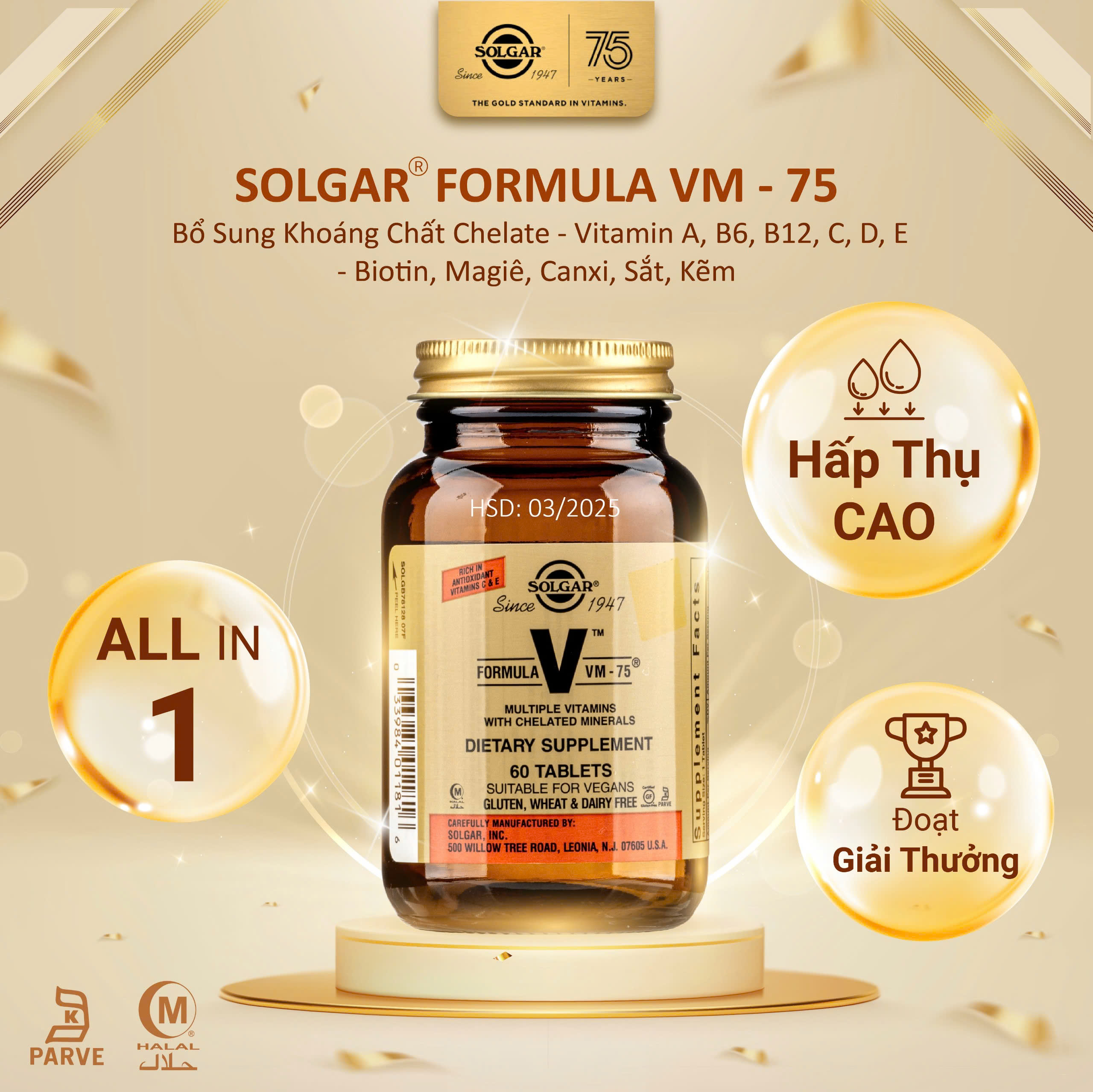 HSD 08 2025 Solgar Formula VM-75 60 Viên - Siêu Vitamin Tổng Hợp Đoạt Giải Thưởng với Khoáng chất Chelate - Vitamin A B6 B12 C D E - Biotin Magiê Canxi Sắt Kẽm - Thuần chay Không chứa Sữa Không chứa Gluten HSD: 03 2025