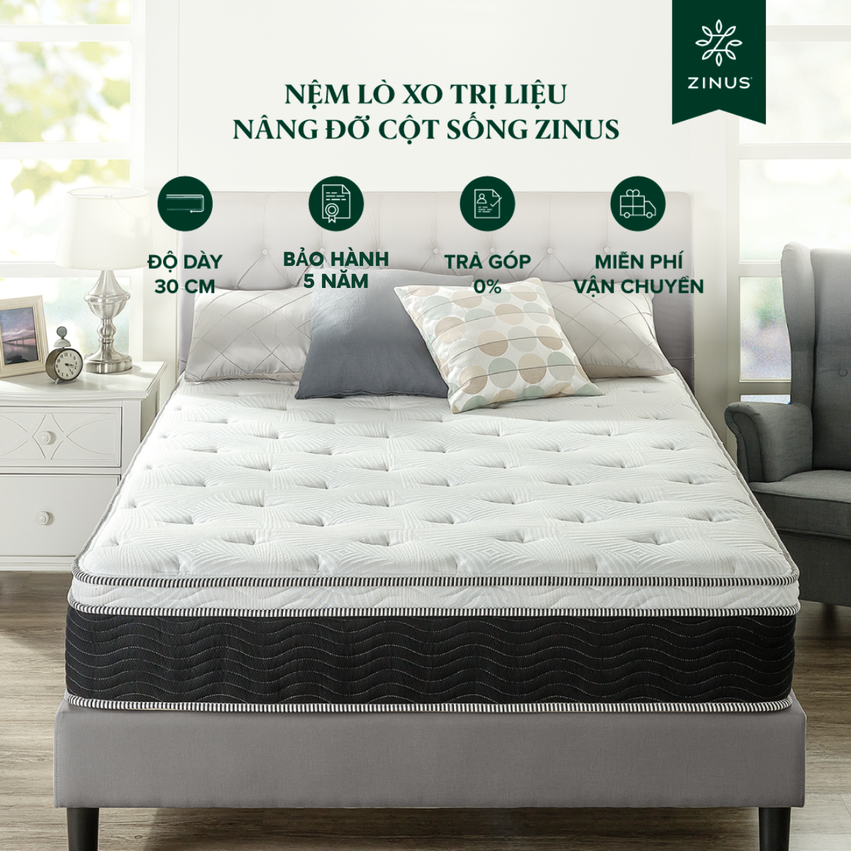 [TRẢ GÓP 0%] Nệm Lò Xo  Trị Liệu Cao Cấp Dày 30cm Zinus - 12in iCoil Premium Spring Mattress