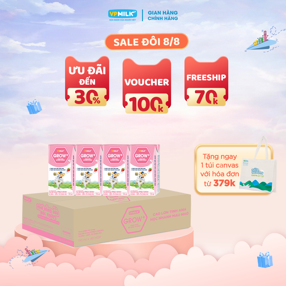 [Thùng 48 Hộp 110ml] Sữa Tiệt Trùng VPMilk Grow+ Vị Dâu Cho Bé Từ 1 Tuổi