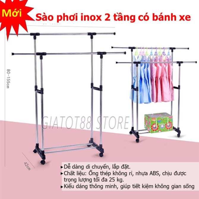 Khung phơi quần áo thiết kế 2 tầng treo đồ, ngăn dưới để giày dép, túi xách thông minh, có kèm bánh xe di chuyển, Giá treo đồ 2 tầng inox siêu bền, để trong nhà, ngoài trời treo quần áo, tiết kiệm không gian nội thất gia đình