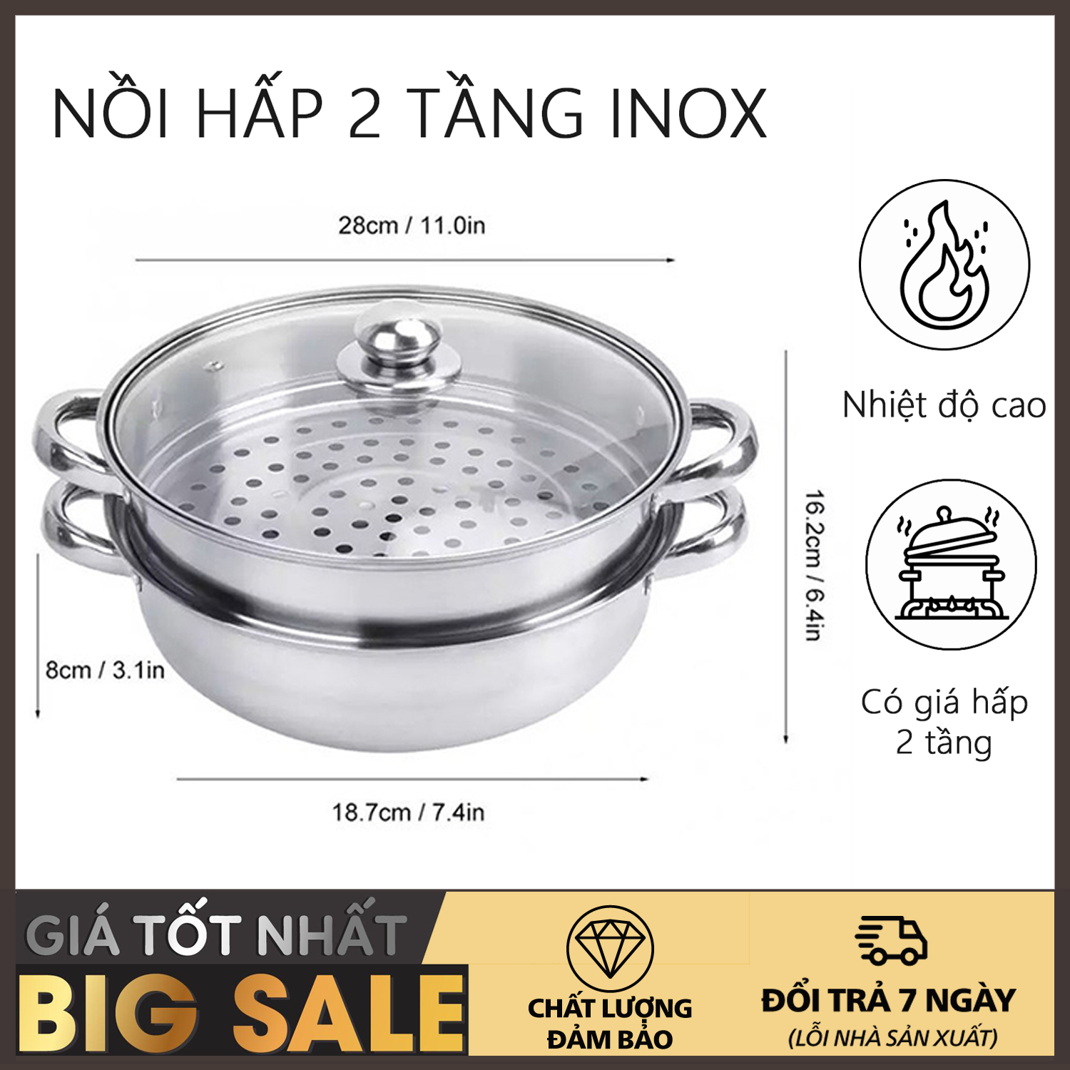 Nồi hấp 2 tầng inox - Bộ Nồi Xửng Hấp Inox COOK 28cm Nắp Kính- Nồi lẩu kiêm nồi hấp 2 tầng inox nắp thủy tinh cao cấp -  Nồi lẩu kiêm nồi hấp 2 tầng inox - Nồi luộc hấp thức ăn đa năng 2 tầng-HỖ TRỢ ĐỔI TRẢ 7 NGÀY