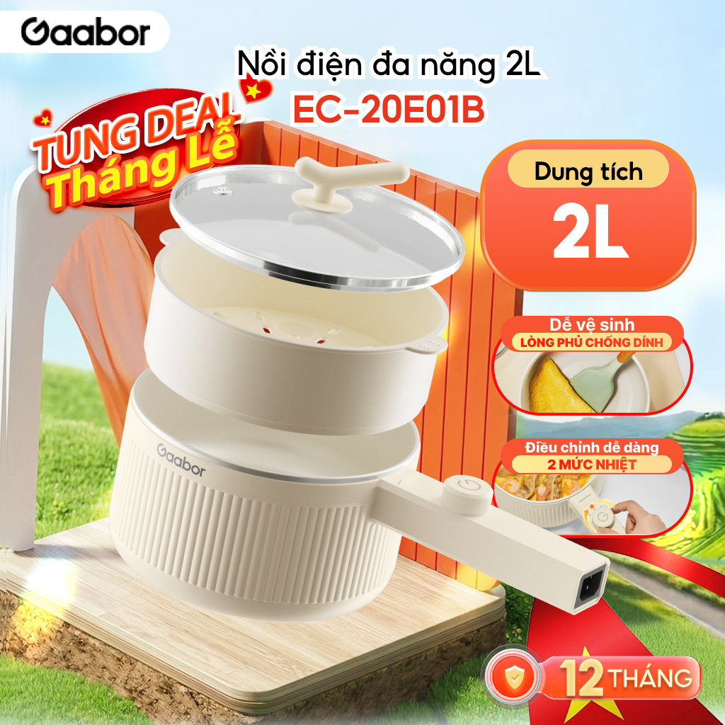 Nồi điện đa năng 2L công suất 600W Gaabor EC-20E01B, 2 mức nhiệt phủ lớp chống dính kèm xửng hấp - Bảo hành 12 tháng 1 đổi 1