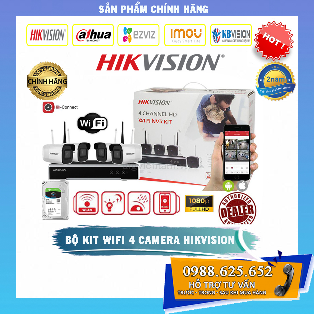 Bộ kit 4 camera wifi hikvision 2mp nk42w0h đầy đủ phụ kiện - hàng chính hãng