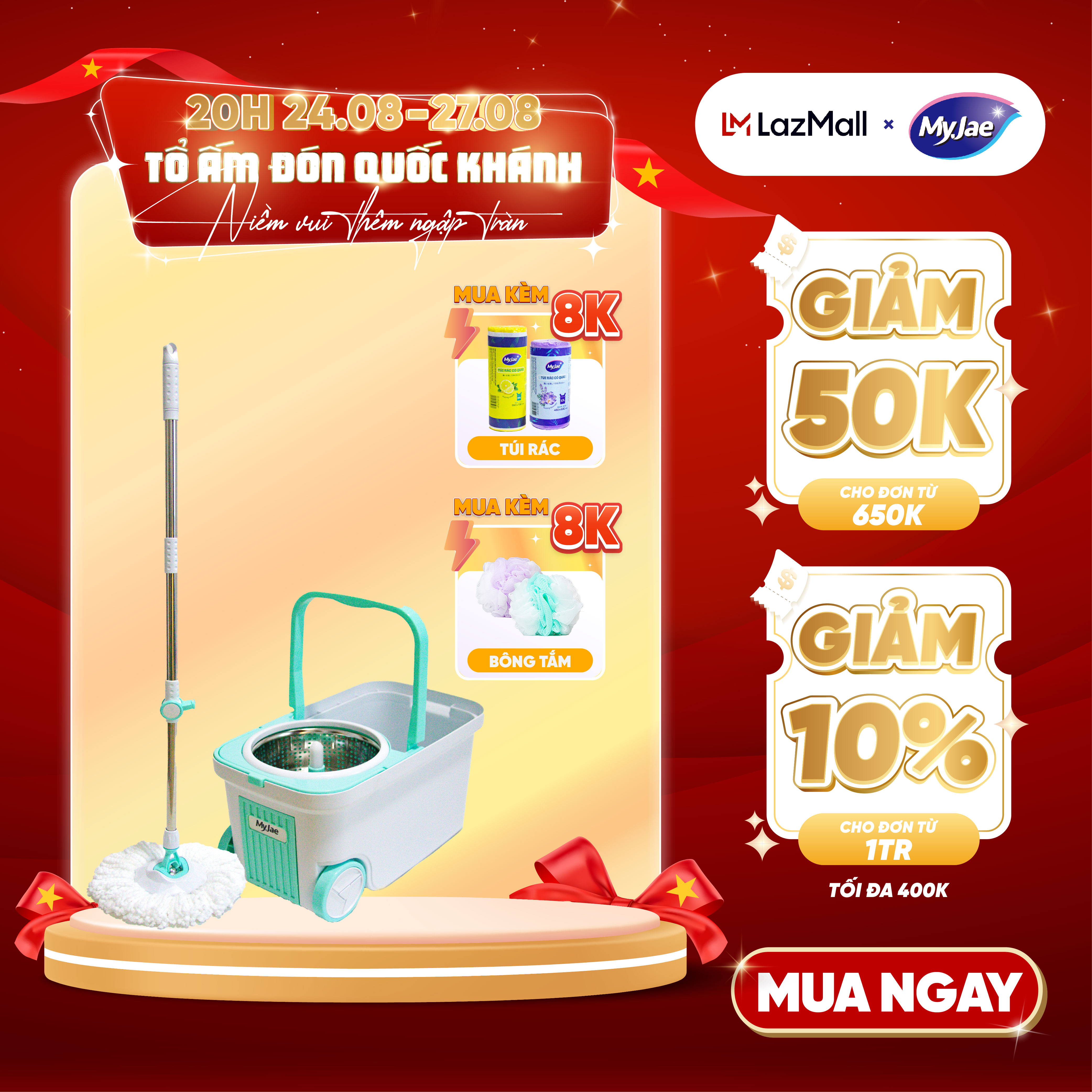 Bộ Lau Nhà MyJae Đài Loan Sợi Microfiber Xoay Siêu Tốc 360 Độ Thông Minh 129.5cm