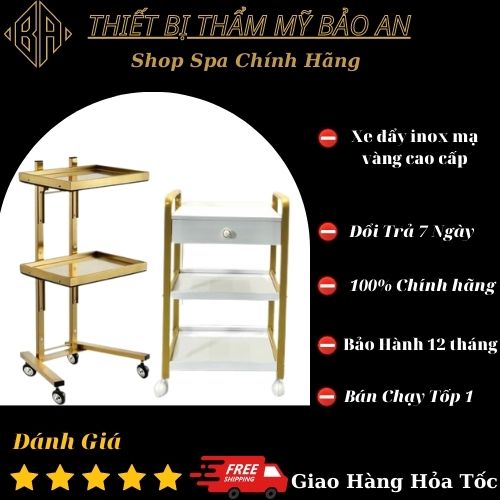 Xe đẩy inox 304 mạ vàng, 2 tầng loại đẹp bền chuyên dùng spa thẩm mỹ viện vv