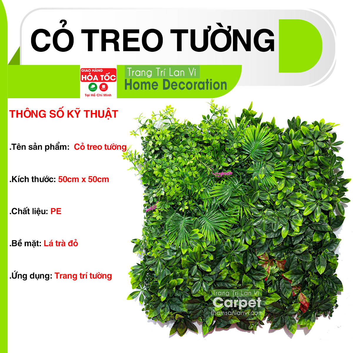 Cỏ nhân tạo treo tường, tấm cỏ nhựa lá trà đỏ trang trí không gian nhà cửa kích thước 50cm x 50cm