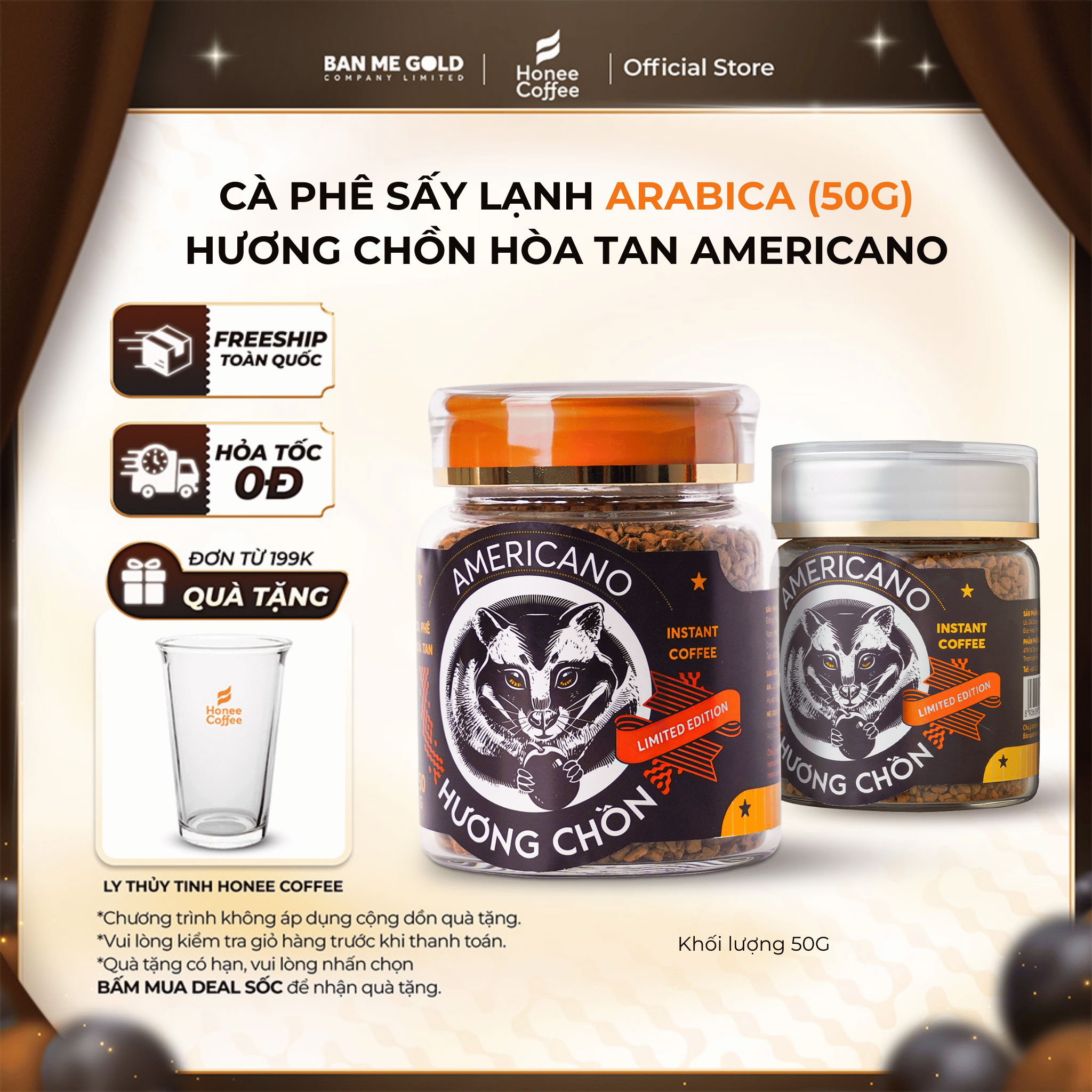   TẶNG QUÀ  Cà Phê Arabica Hương Chồn Americano  50g  Cafe Chồn Hòa Tan Sấy Lạnh Arabica Thượng Hạng Ban Me Gold - Honee Coffee 