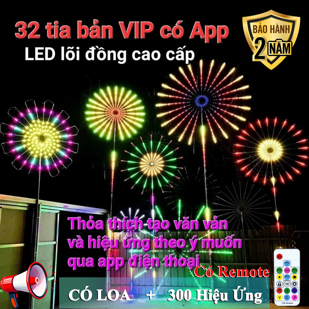  BH 2 NĂM - Đèn led nháy chong chóng pháo hoa trang trí Tết 2026 32 tia có loa  điều khiển và app 300 hiệu ứng tùy chỉnh phát nhạc theo hiệu ứng 