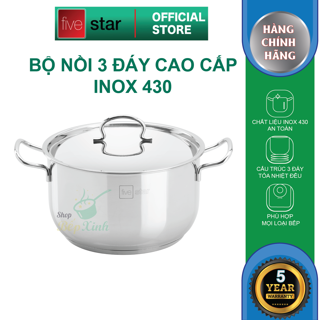[HCM]Nồi luộc gà inox 430 cao cấp FiveStar Standard 3 đáy nắp inox ( 26cm / 28cm / 30cm / 32cm / 36cm ) dùng được mọi bếp - Shop Bếp Xinh