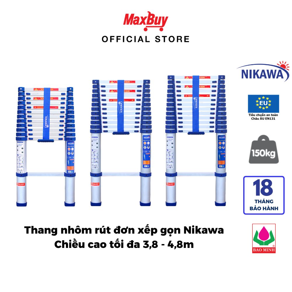 Thang nhôm rút đơn xếp gọn Nikawa Chiều cao tối đa 3,8 - 4,8m Tải trọng 150kg Bảo hành chính hãng 18 tháng