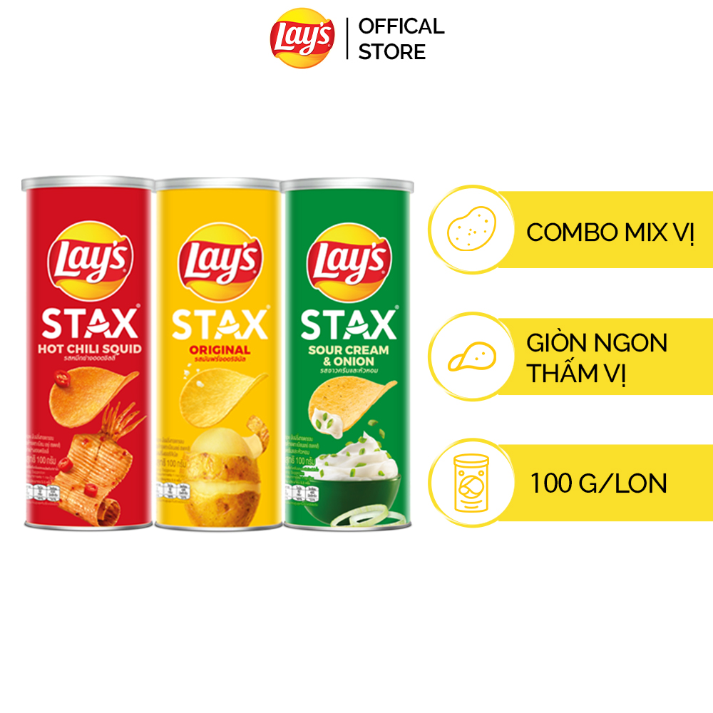 [DUY NHẤT 0H 15.4-17.4] Combo 3 bánh Snack Lay's Stax 100gr vị Tự nhiên, Mực sốt cay, Kem chua hành