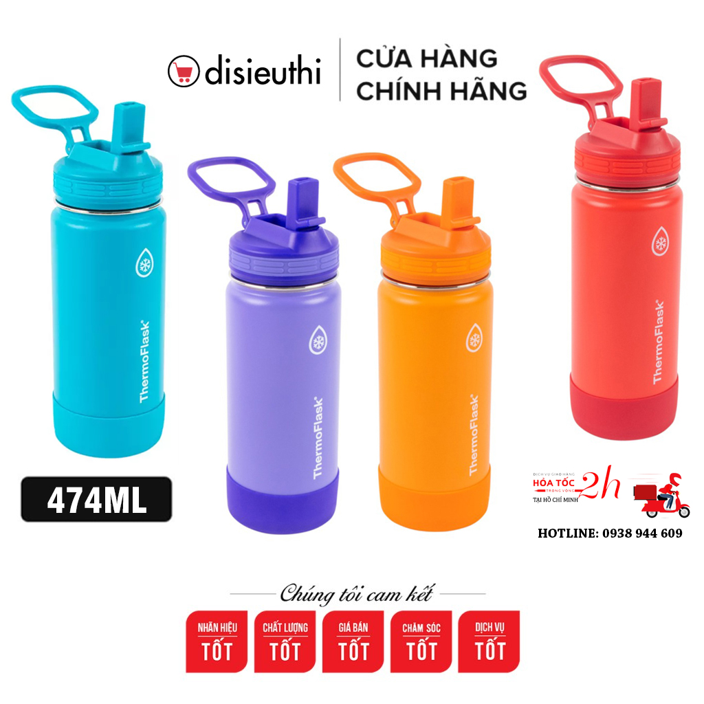 Bình giữ nhiệt Thermoflask Stainless Steel Dung Tích 474ml Hàng Nhập Mỹ Chất Liệu Thép Không Gỉ, Giữ Lạnh 24h Giữ Nóng 12h, Có Ống Hút Tiện Dụng