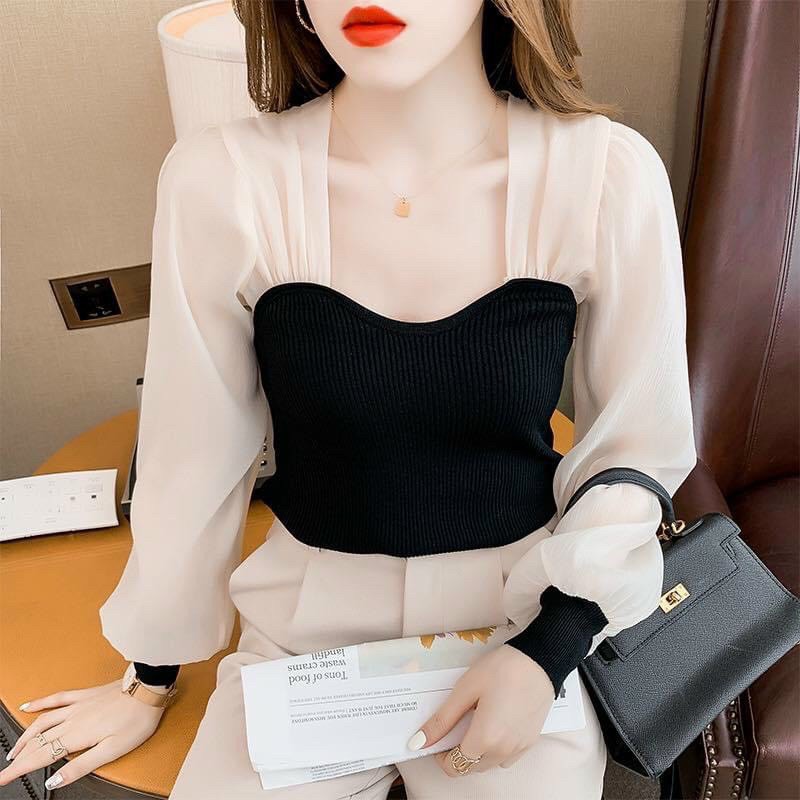 Áo kiểu nữ len phối tay voan cổ vuông cực hot.