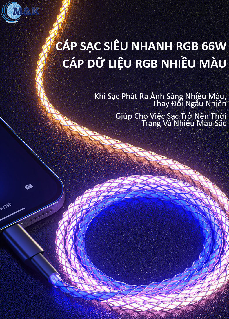 Cáp sạc siêu nhanh rgb nhiều màu, cáp dữ liệu type-c 66w, lightning pd20w hỗ trợ truyền dữ liệu