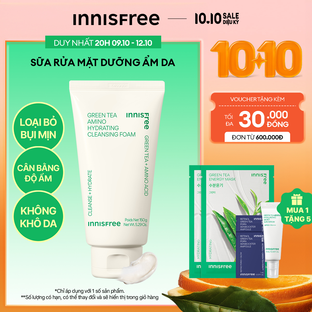 Sữa rửa mặt trà xanh sạch sâu ẩm mịn INNISFREE Green Tea Amino Cleansing Foam 150g