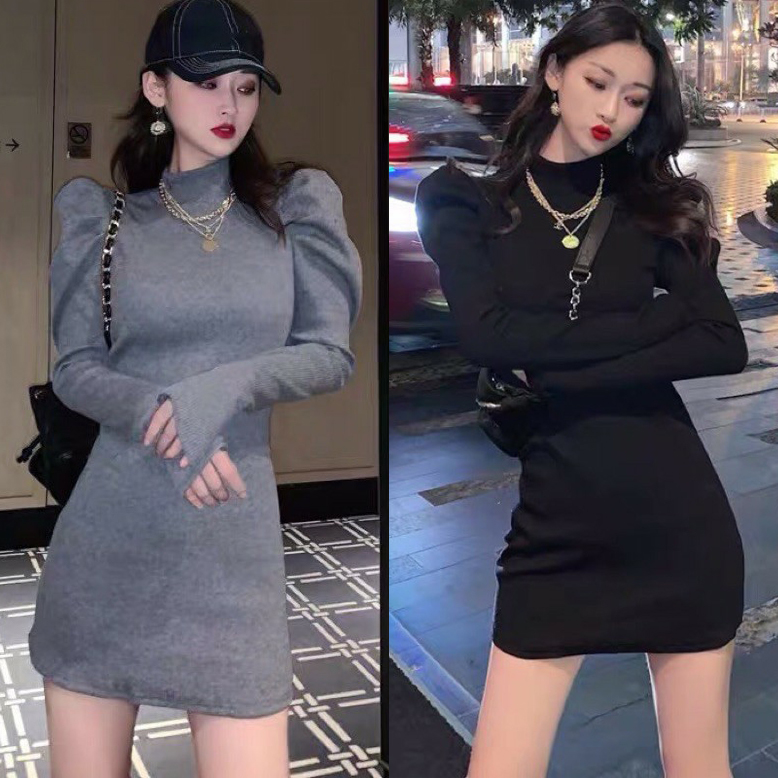 Váy đầm body tay dài vai phồng thời trang XINSO cao cấp chất thun gân dày dặn co giãn tốt không bai xù