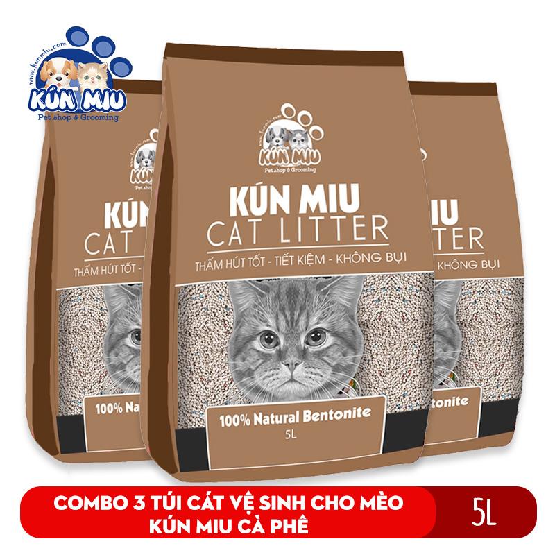 [Hoàn Tiền 10%] Combo 3 túi Cát vệ sinh cho mèo Kún Miu hương cà phê 5L chất liệu bentonite thấm hút và khử mùi hiệu quả