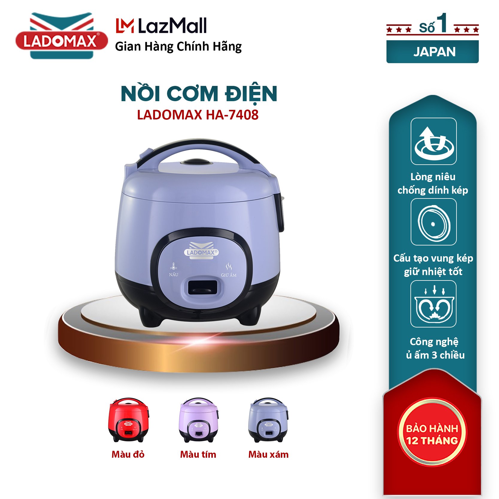 Nồi cơm điện mini nắp gài dung tích 0,8 lít, nồi cơm 1-3 người ăn, nồi nấu cho bé ăn dặm - ladomax - ha-7408- nồi cơm heo con
