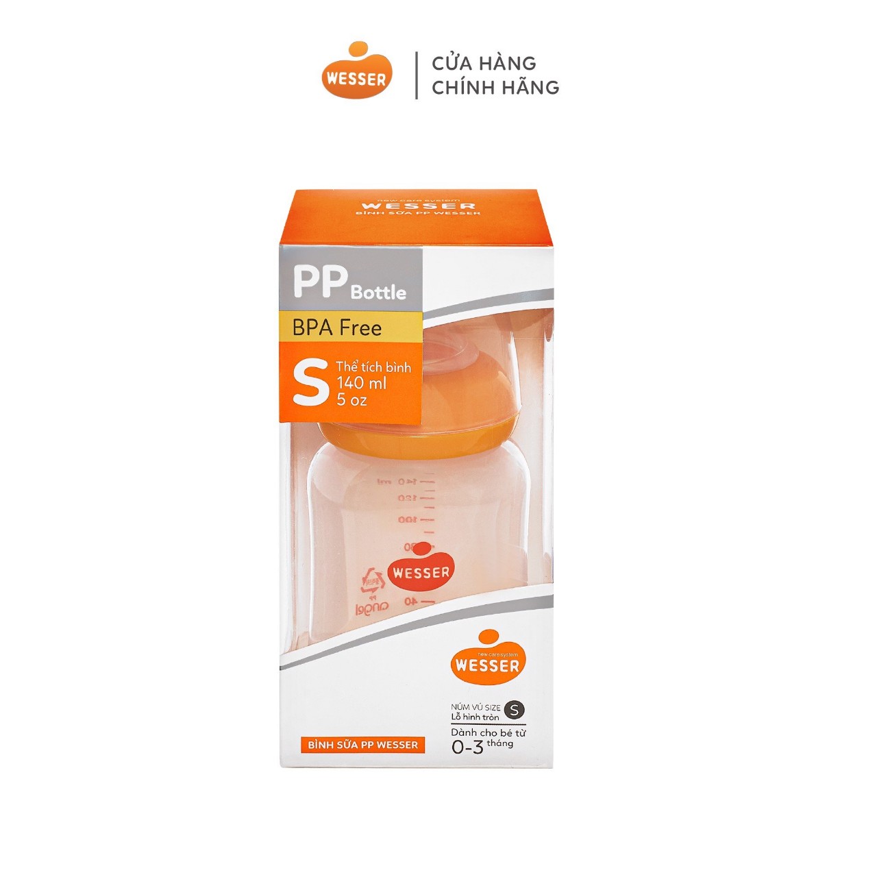 Bình sữa PP Wesser 140ml không BPA chịu nhiệt độ cao an toàn cho bé. Bình swuax cho bé sơ sinh 140ml