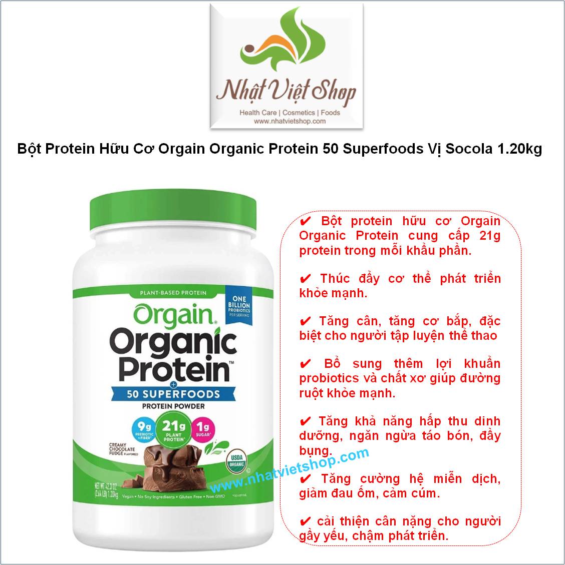 Bột Protein Hữu Cơ Orgain Organic Protein 50 Superfoods Vị Socola 1.20kg