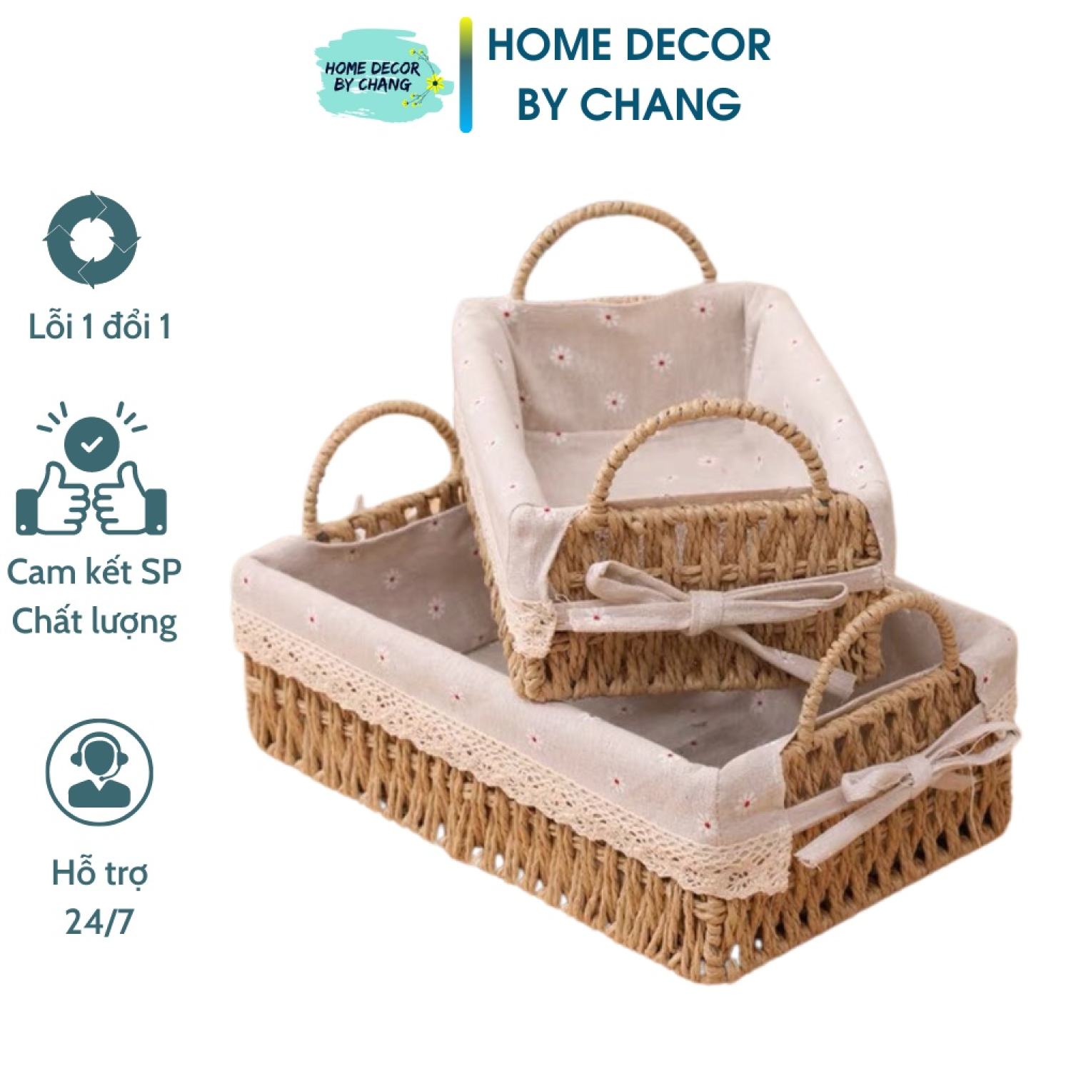 Giỏ mây đựng đồ, đựng mỹ phẩm, đựng đồ khô nhà bếp, có quai kèm vải lót