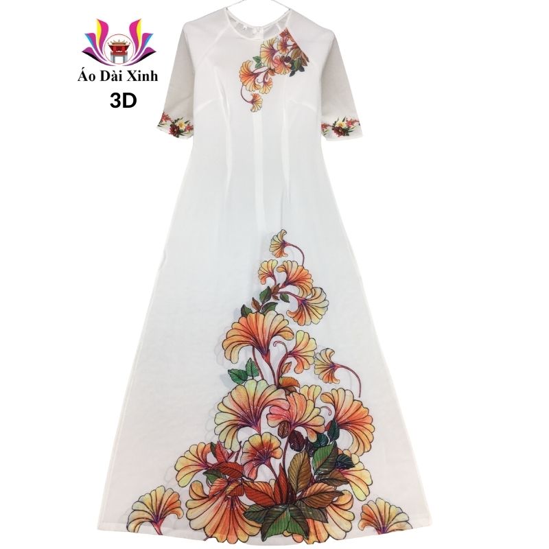 Áo dài truyền thống in 3D lụa Nhật cổ tròn tay lỡ màu trắng hoa trước ngực.