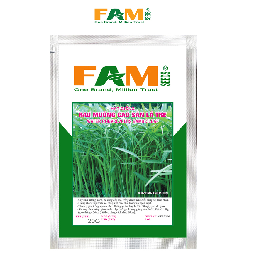 Gói 20gr Hạt Giống Rau Muống Cao Sản Lá Tre FAM SEEDS - Nảy mầm tốt, Sinh trưởng nhanh, Trồng được trên nhiều loại đất khác nhau, Kháng bệnh tốt, Thân thon Lá nhỏ