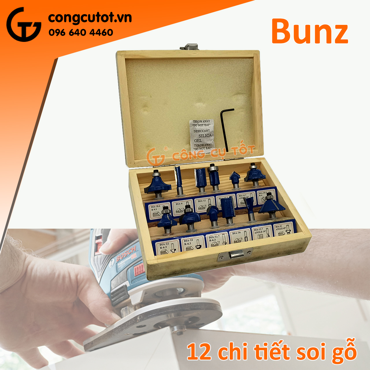 Hộp 12 mũi phay gỗ, mũi soi gỗ trục 6.35mm, 12.7mm