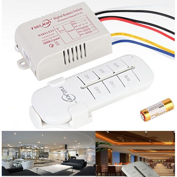 Công tắc điều khiển từ xa RF 4 cổng Tuoxin +Tặng đế treo điều khiển