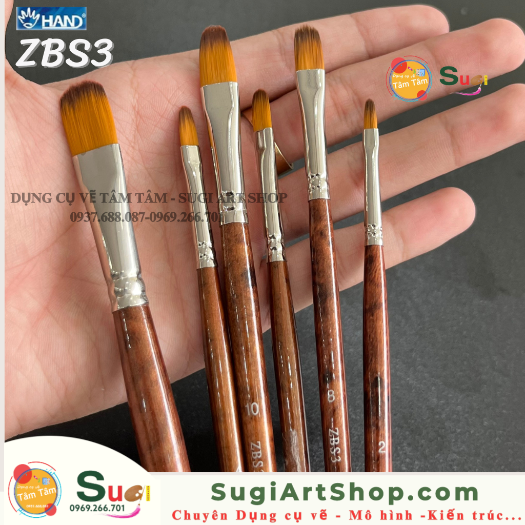 Cọ vẽ màu nước, cọ hand đầu oval thân nâu mã ZBS3, cọ vẽ bột than hand ZBS3